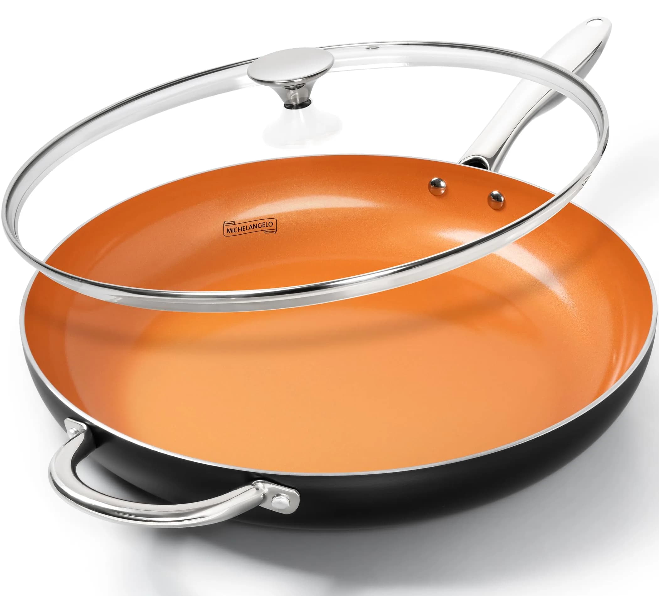 MICHELANGELO 8 Inch Nonstick Frying Pan with Lid | Copper Ceramic Titanium Coating, German Standard Quality — Orange