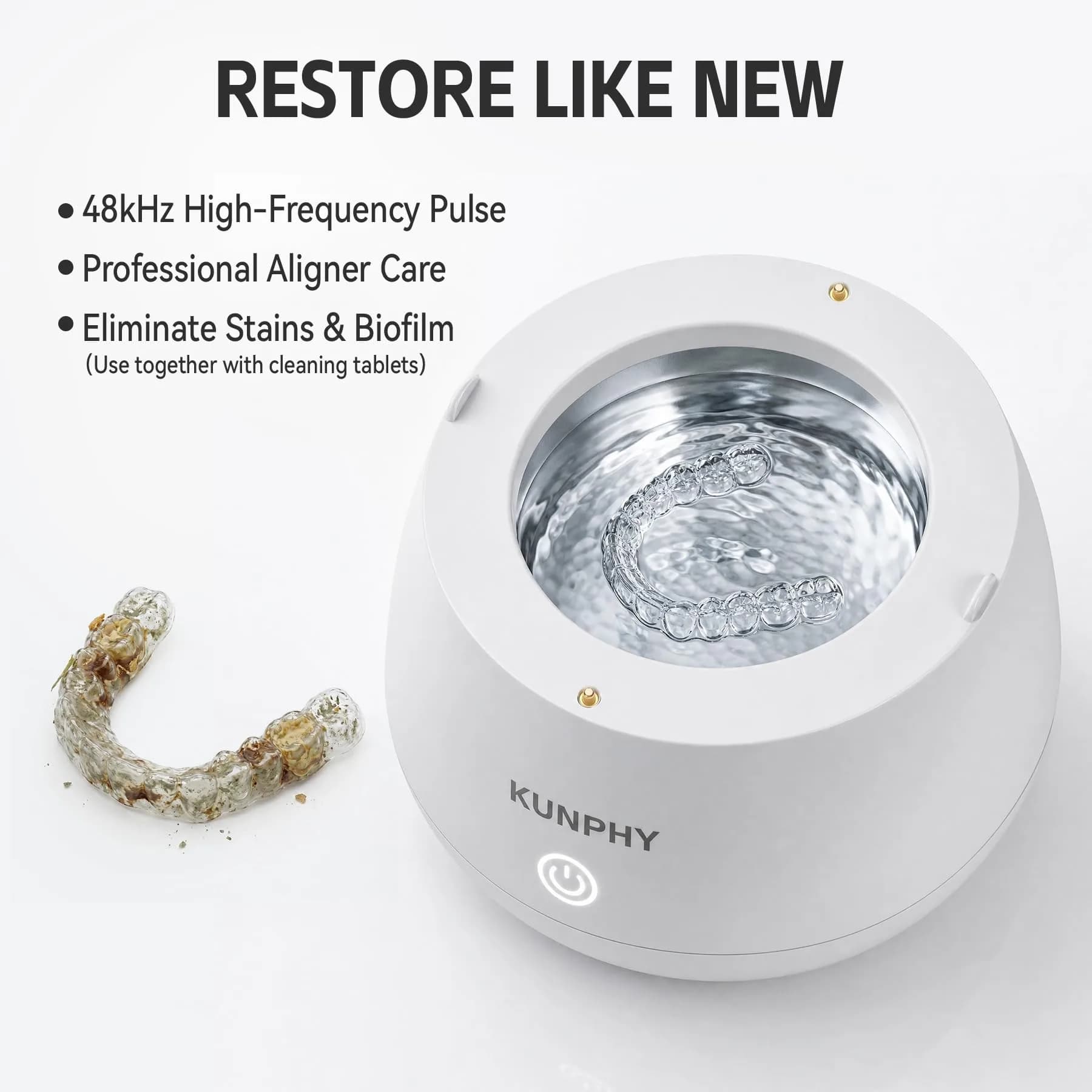 KUNPHY Ultrasonic Retainer Cleaner Machine 200ml (6.76 Fl Oz) | 48kHz Deep Cleaning Pod for Braces, Jewelry, Dentures - view 3