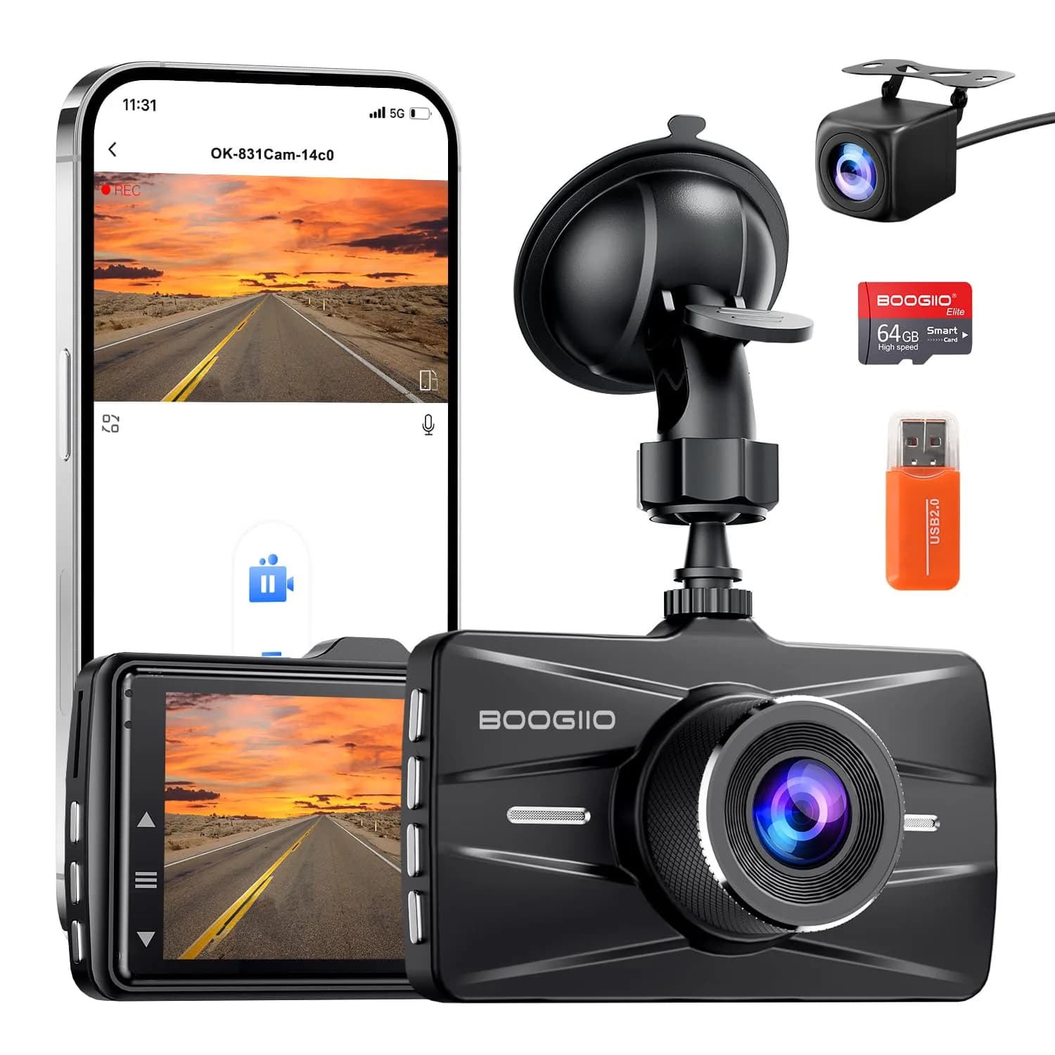BOOGIIO 4K Dual Dash Cam with 64GB SD Card | 170° Wide Angle, Night Vision, WiFi, G-Sensor, 3" IPS Screen
