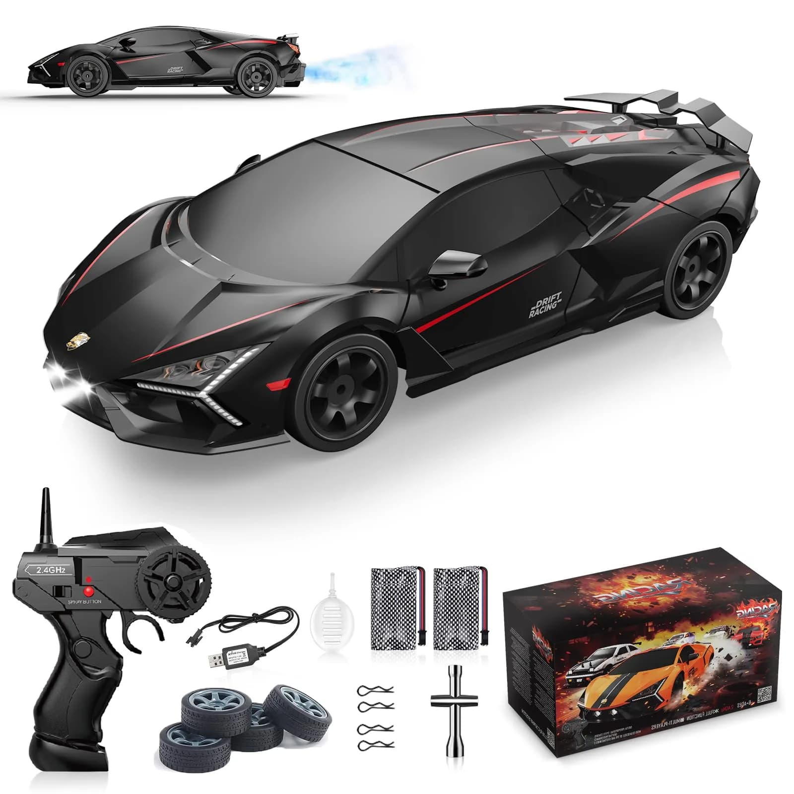 Desdoni 1:16 Scale RC Drift Car - Black-2, 4WD 18KM/H High Speed with LED Lights & Spray - main product image