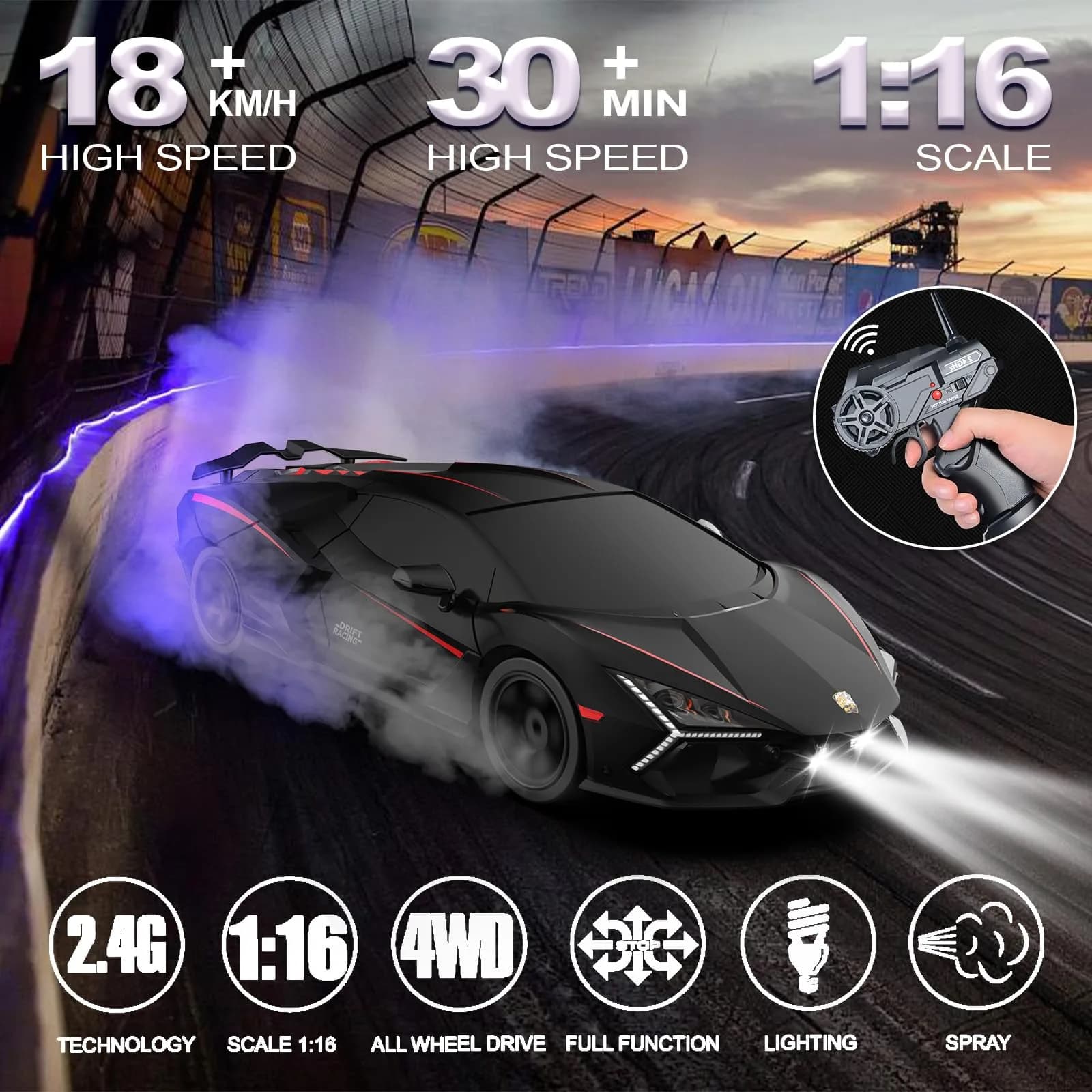 Desdoni 1:16 Scale RC Drift Car - Black-2, 4WD 18KM/H High Speed with LED Lights & Spray - view 2