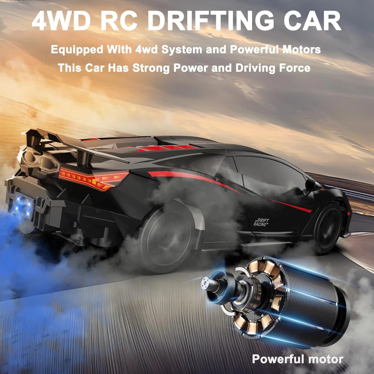 Desdoni 1:16 Scale RC Drift Car - Black-2, 4WD 18KM/H High Speed with LED Lights & Spray - view 3