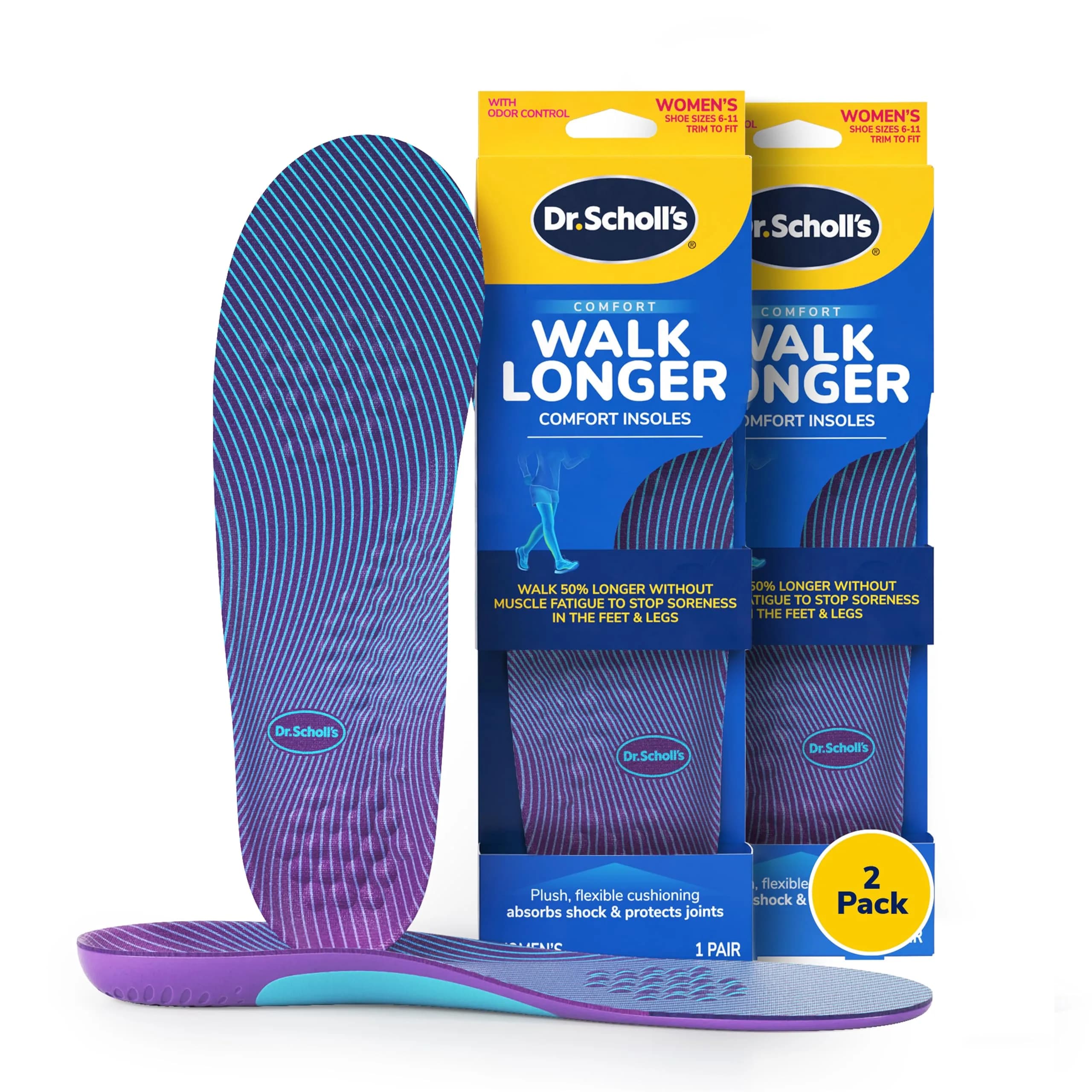Dr. Scholl's Walk Longer Insoles for Women, Arch Support Shoe Inserts | Full-Length Foam Comfort & Odor Control — Purple