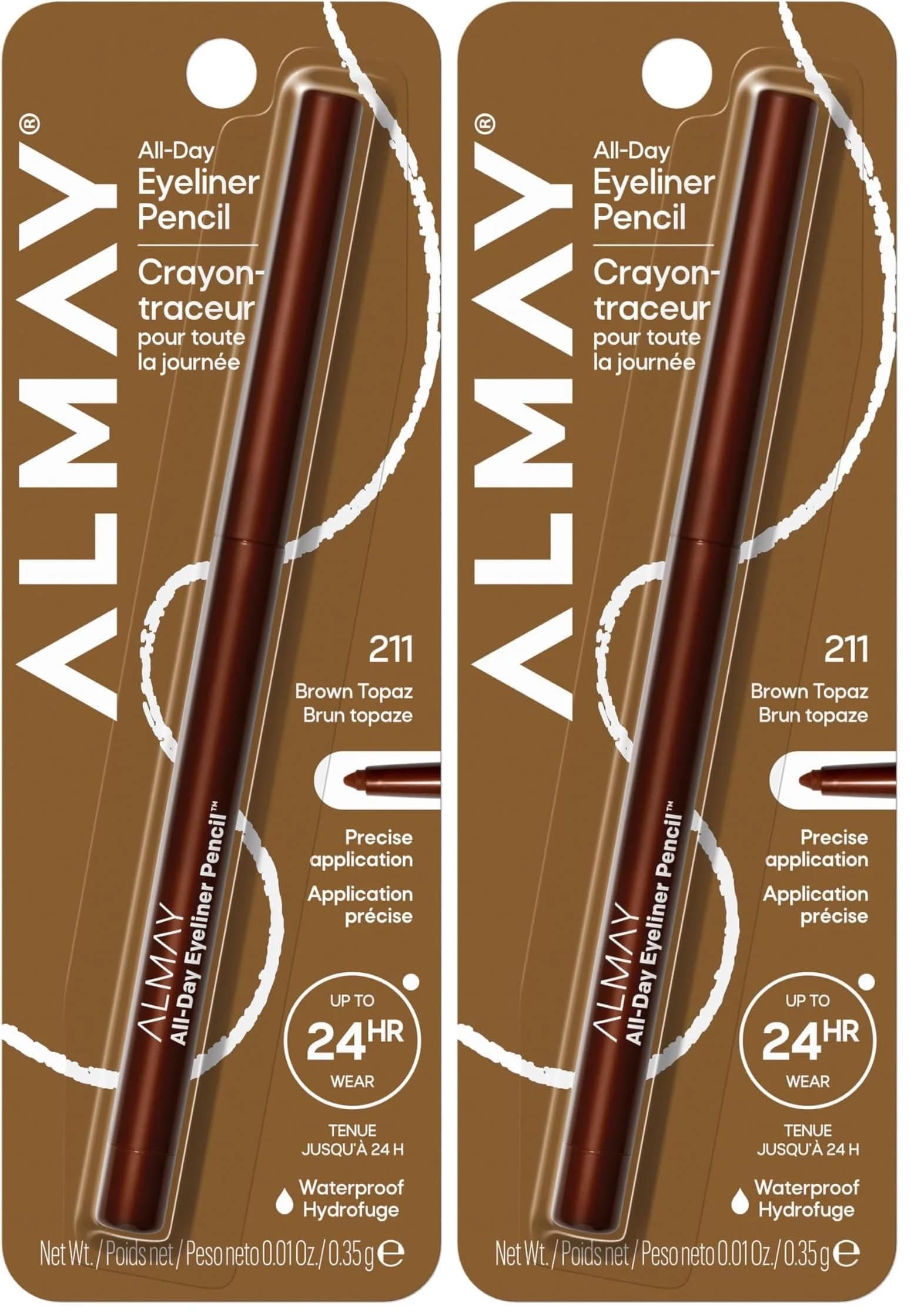 Almay All-Day Eyeliner Pencil, 211 Brown Topaz - Pack of 2, Waterproof Matte Finish — Topacio marrón