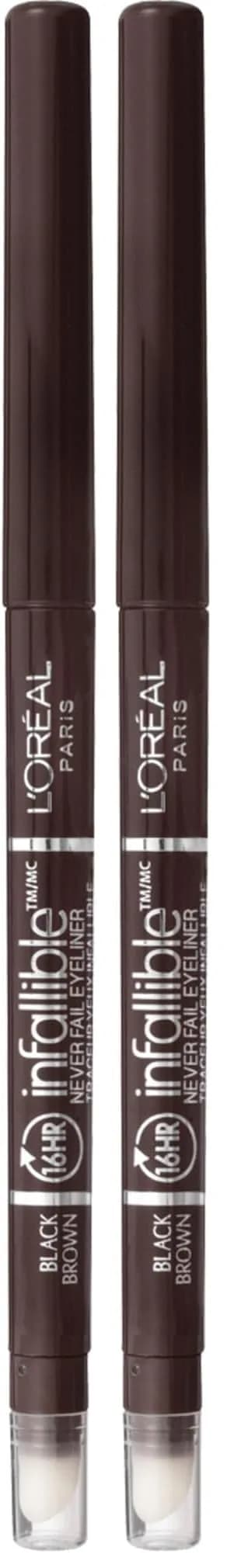 L'Oreal Paris Infallible Never Fail Mechanical Eyeliner Pencil Black Brown 0.008 oz (Pack of 2) | Smudge-Proof Up to 16 Hours — Black Brown