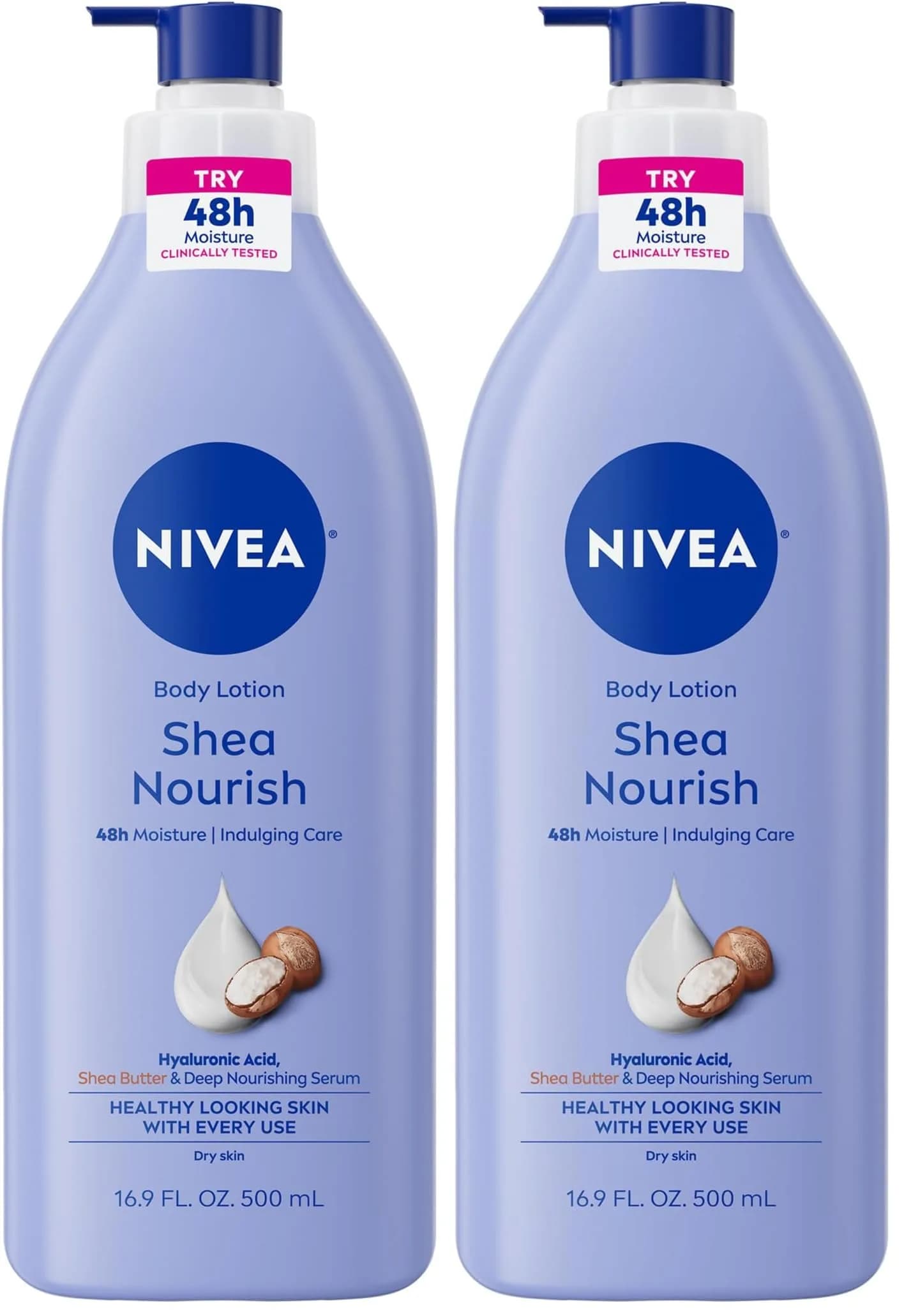 NIVEA Shea Butter Body Lotion for Dry Skin, 48-Hour Moisture, 16.9 Fl Oz Pump Bottle (Pack of 2) - main product image