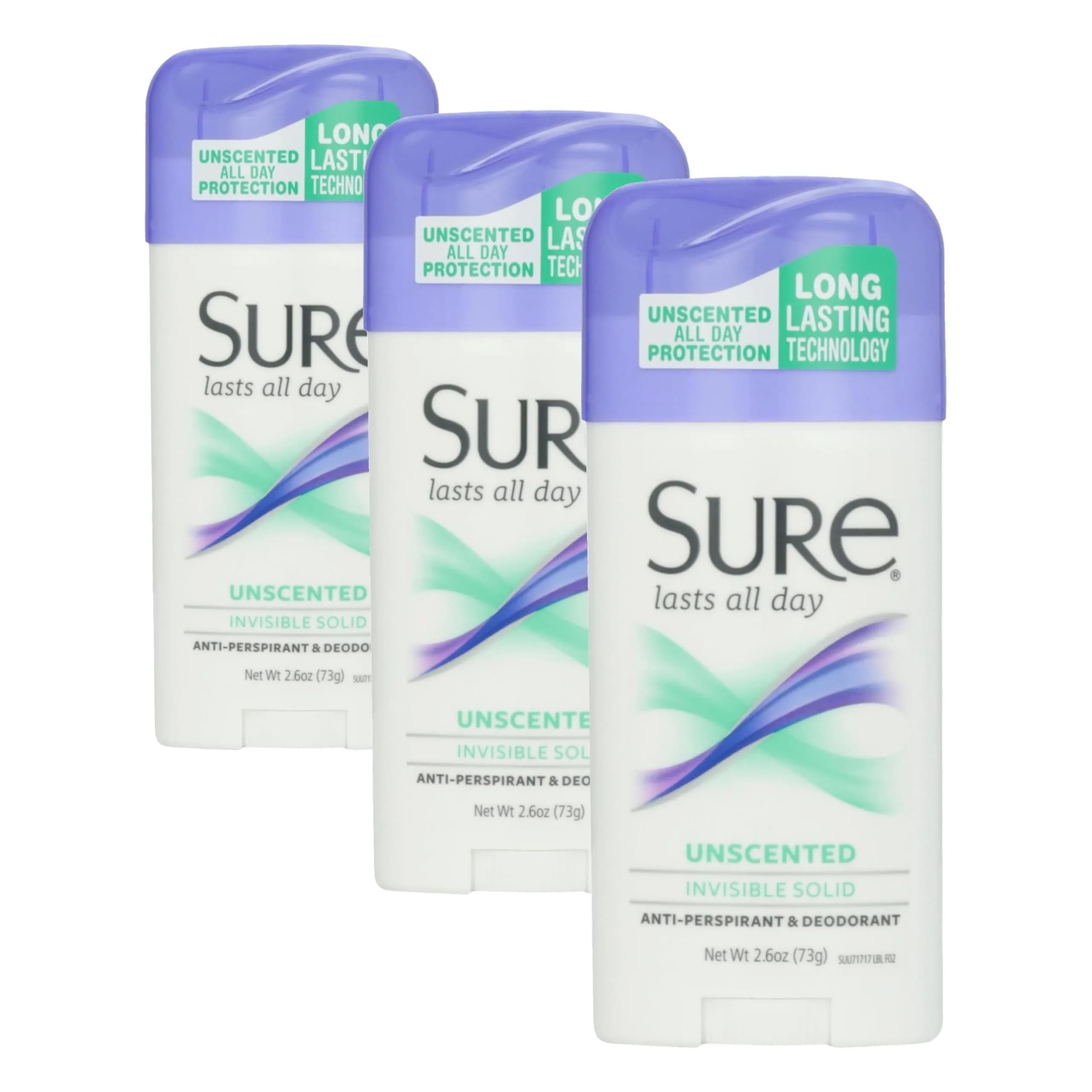 Sure Deodorant Invisible Solid Unscented Antiperspirant 2.6 oz (73.7 g) | 48-Hour Odor and Wetness Protection — Pack of 3