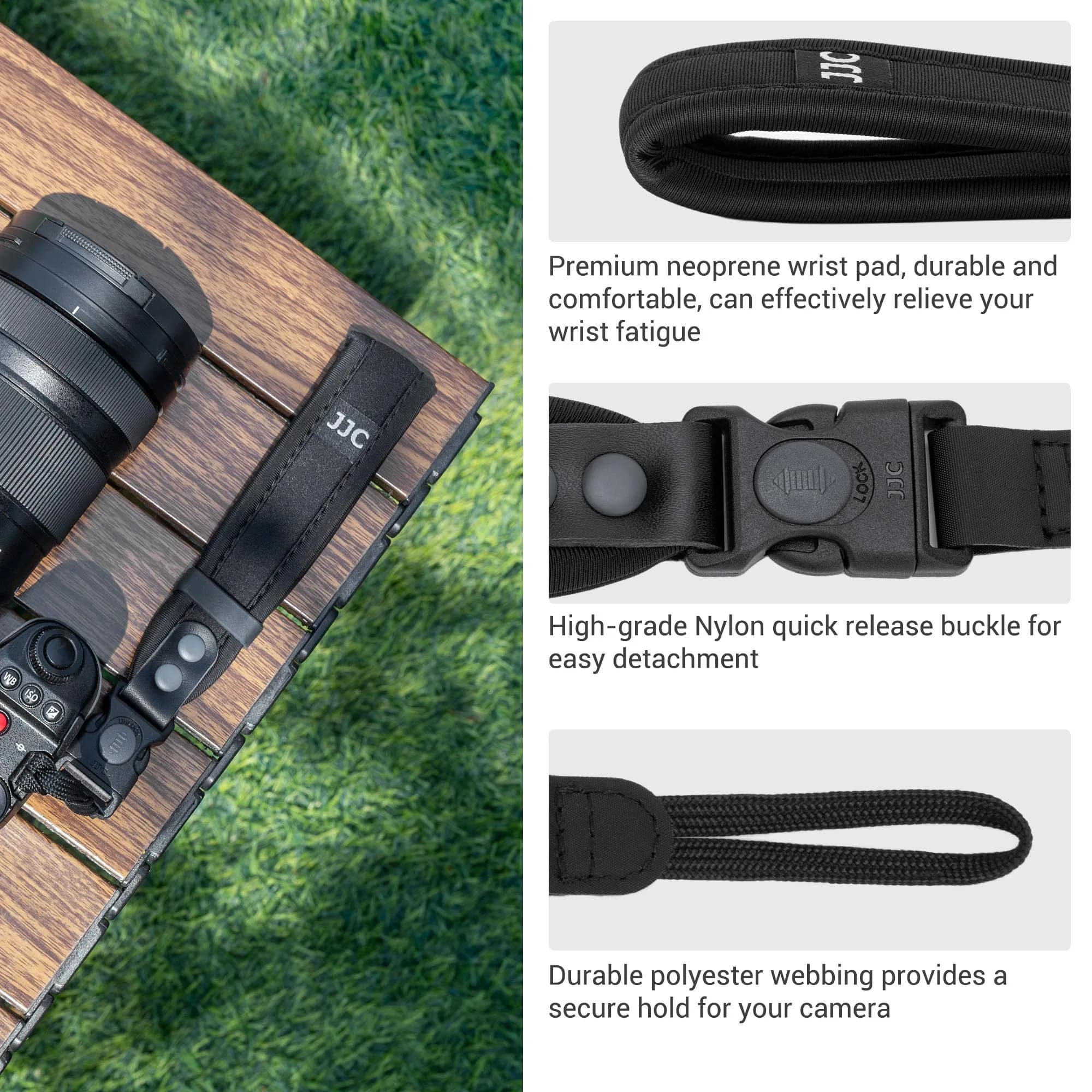 Kiorafoto Upgraded Quick Release Soft Neoprene Camera Hand Wrist Grip Strap with Sliding Lock, Black | Secure Grip for Mirrorless & DSLR Cameras - view 5