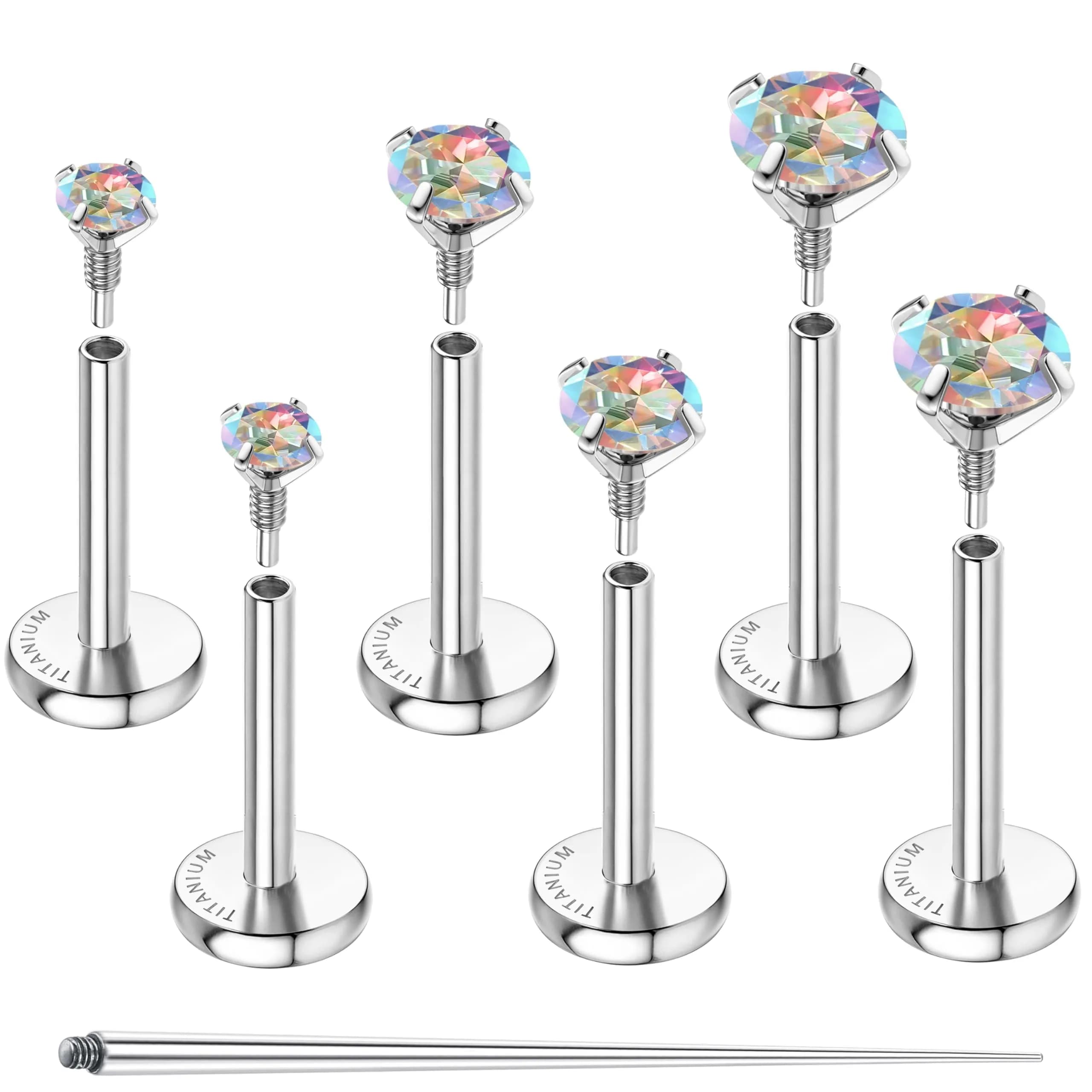 GEMQUEEN G23 Titanium Flat Back Earrings 18G (1.0mm) Rainbow CZ Studs | Hypoallergenic & Internally Threaded for Multiple Piercings
