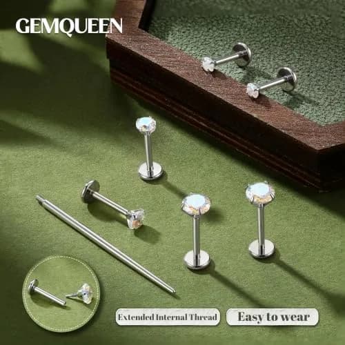 GEMQUEEN G23 Titanium Flat Back Earrings 18G (1.0mm) Rainbow CZ Studs | Hypoallergenic & Internally Threaded for Multiple Piercings thumbnail 2