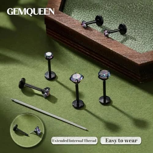 GEMQUEEN Black 18G G23 Titanium Flat Back Earrings Set | Hypoallergenic Internally Threaded Studs for Multiple Piercings thumbnail 2