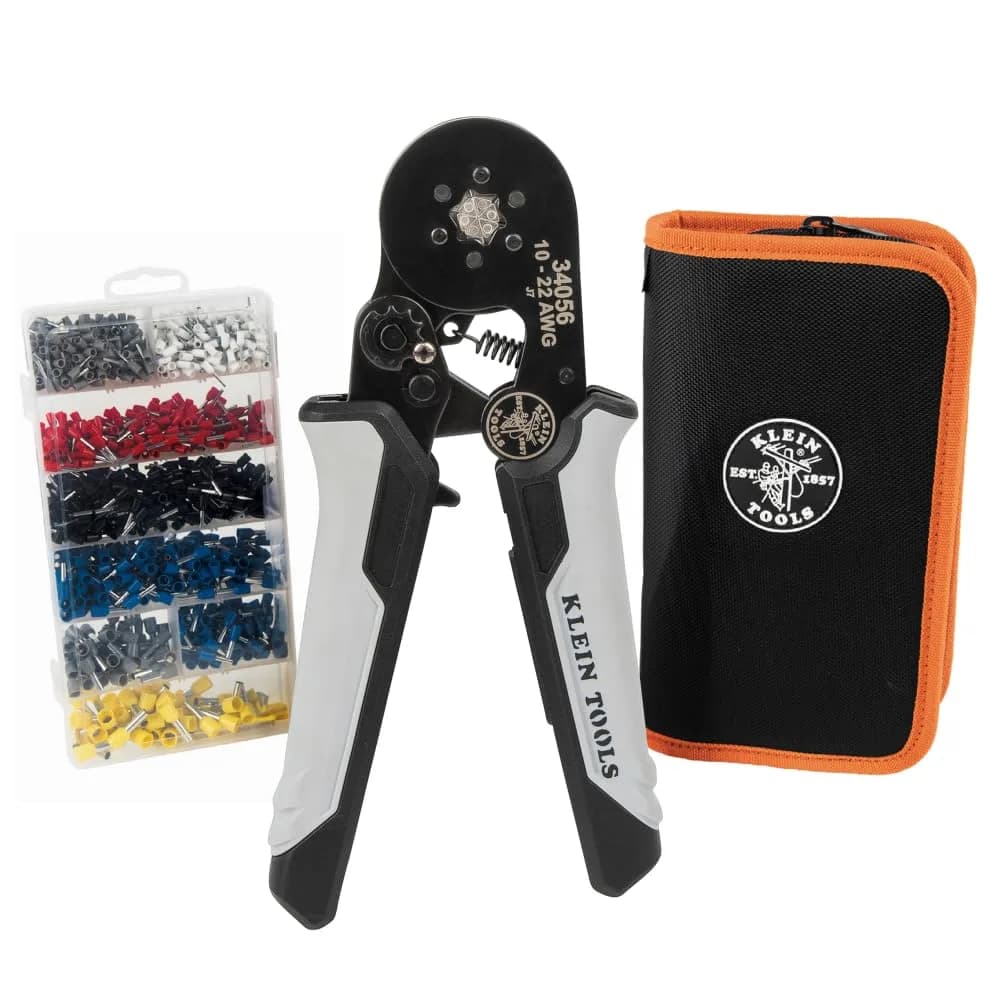 Klein Tools 34061 Ferrule Crimping Tool Set with Hex Crimper | Precision Ratcheting Hand Tool for Electrical Work — Crimper w/ Terminals