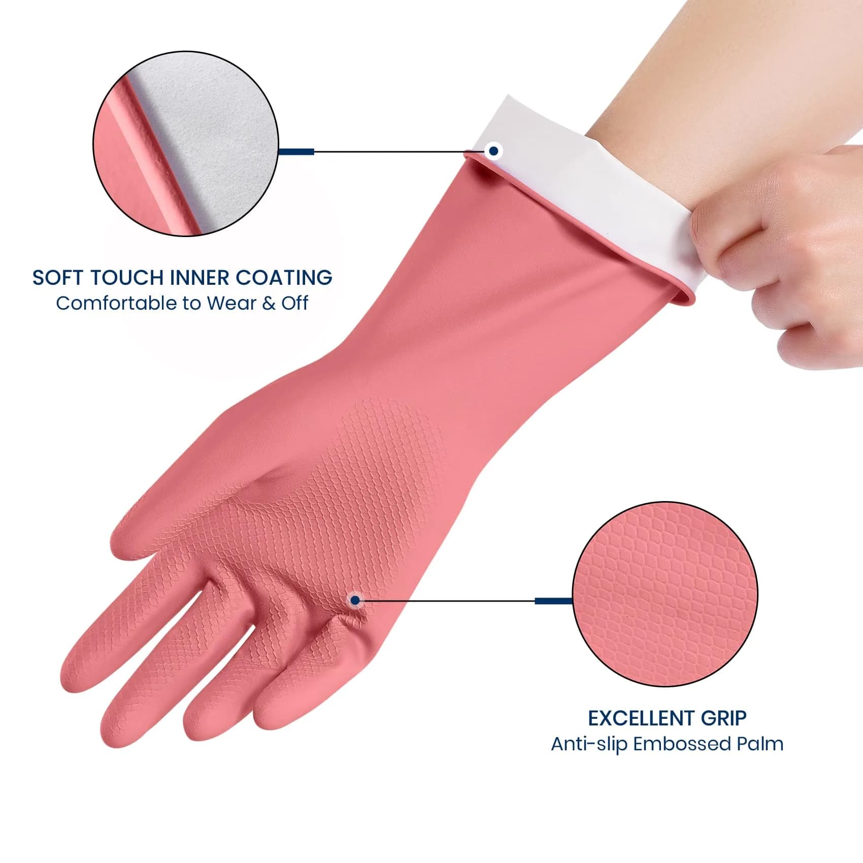 SIFANGKE Large Pink Rubber Cleaning Gloves with Flocked Lining - Pack of 4 Pairs | USA Imported Household Cleaning Protection - view 2