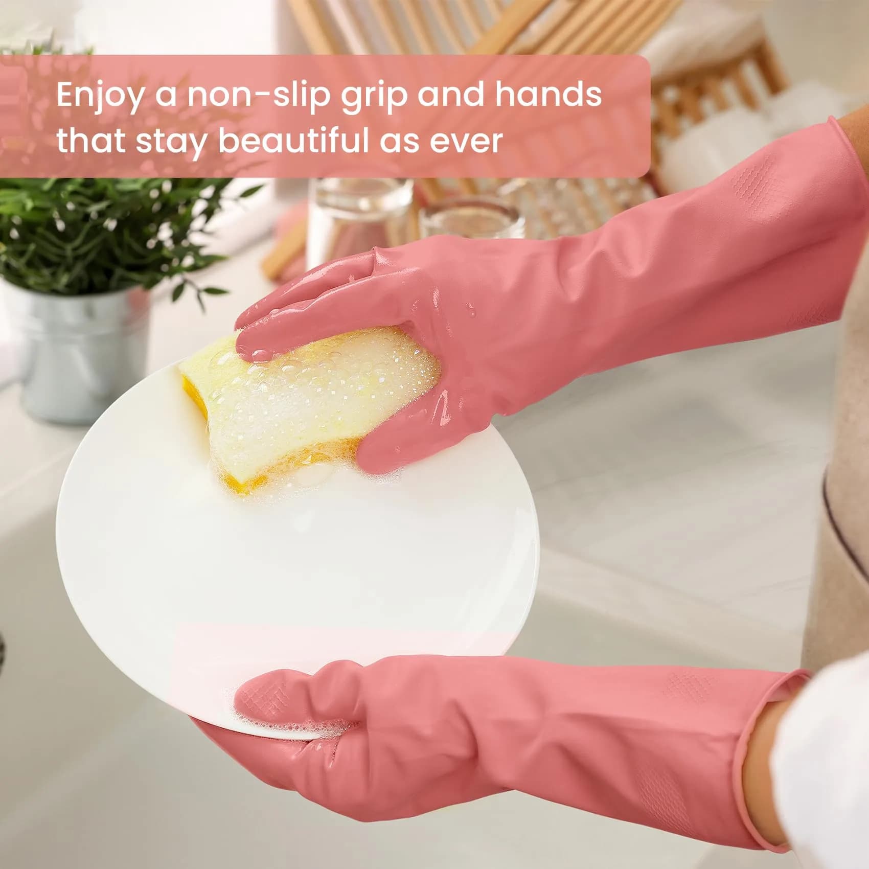 SIFANGKE Large Pink Rubber Cleaning Gloves with Flocked Lining - Pack of 4 Pairs | USA Imported Household Cleaning Protection - view 3