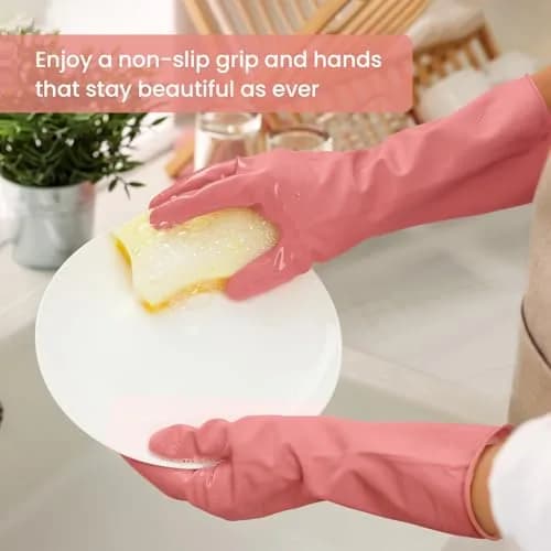 SIFANGKE Pink Rubber Cleaning Gloves for Dishwashing, 4 Pairs, Large | Waterproof & Non-Slip Grip thumbnail 3