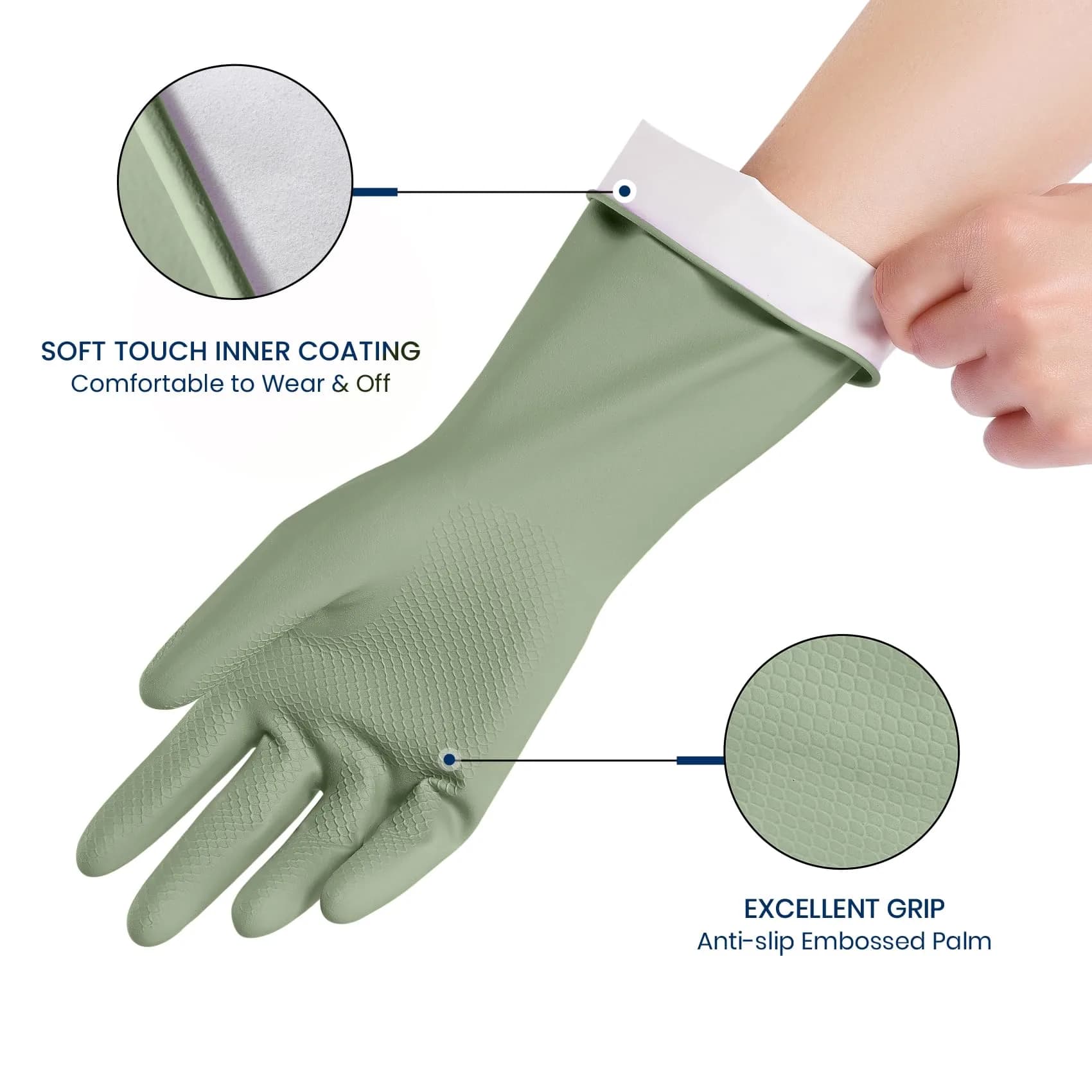 SIFANGKE Green Cleaning Gloves with Flocked Lining, Medium, 4 Pairs | Protects Hands from Harsh Chemicals - view 2