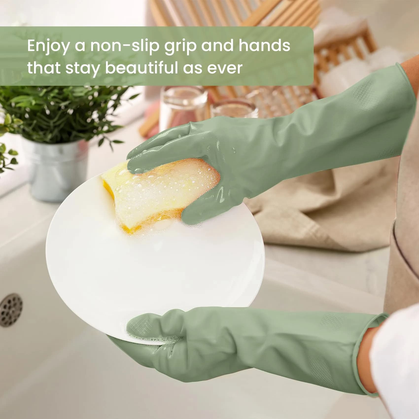 SIFANGKE Green Cleaning Gloves with Flocked Lining, Medium, 4 Pairs | Protects Hands from Harsh Chemicals - view 3