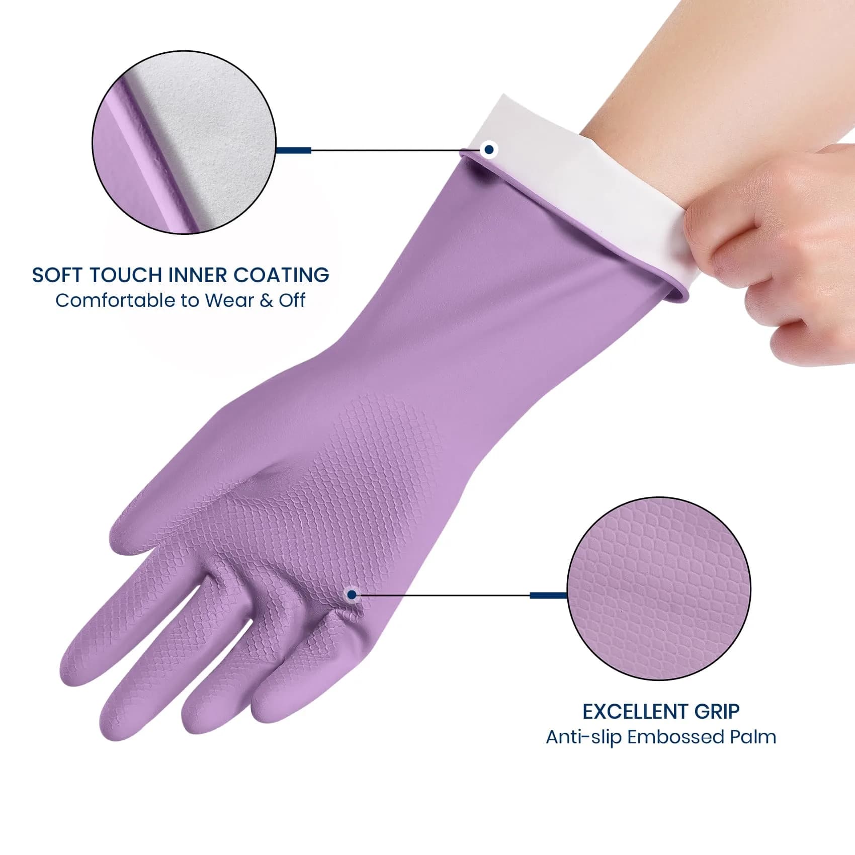 SIFANGKE Purple Rubber Cleaning Gloves with Flocked Lining, Medium (4-Pair Value Pack) | USA Imported for Household Chores - view 2