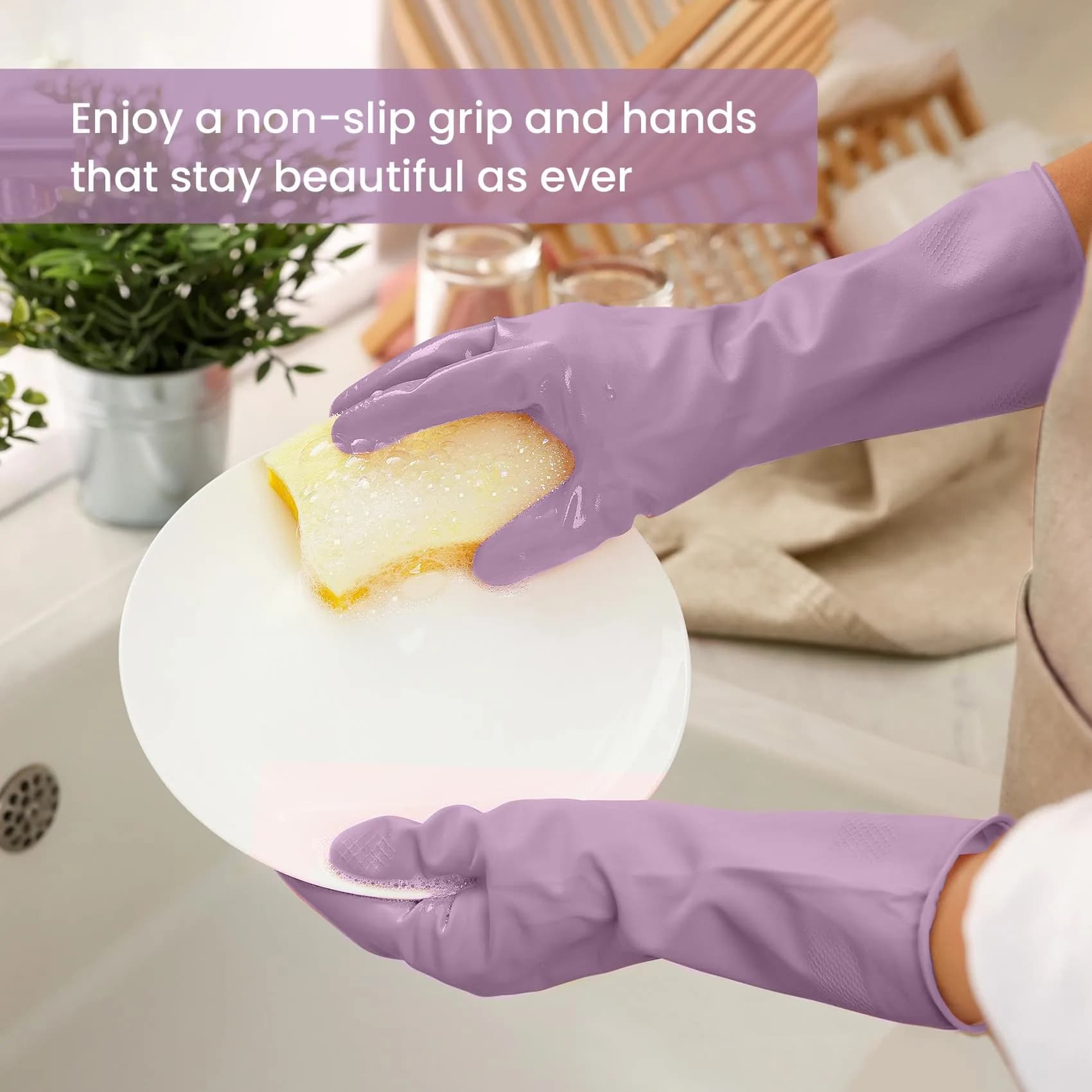 SIFANGKE Purple Rubber Cleaning Gloves with Flocked Lining, Medium (4-Pair Value Pack) | USA Imported for Household Chores - view 3