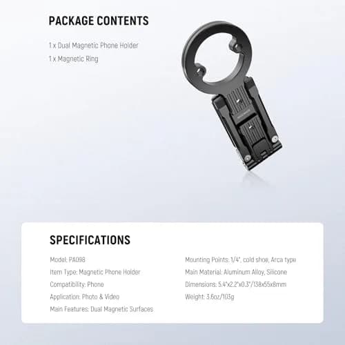 NEEWER Magnetic Phone Tripod Holder Stand with 1/4" & Arca Mount, Cold Shoe Grip for MagSafe iPhones & Androids (PA098) thumbnail 7