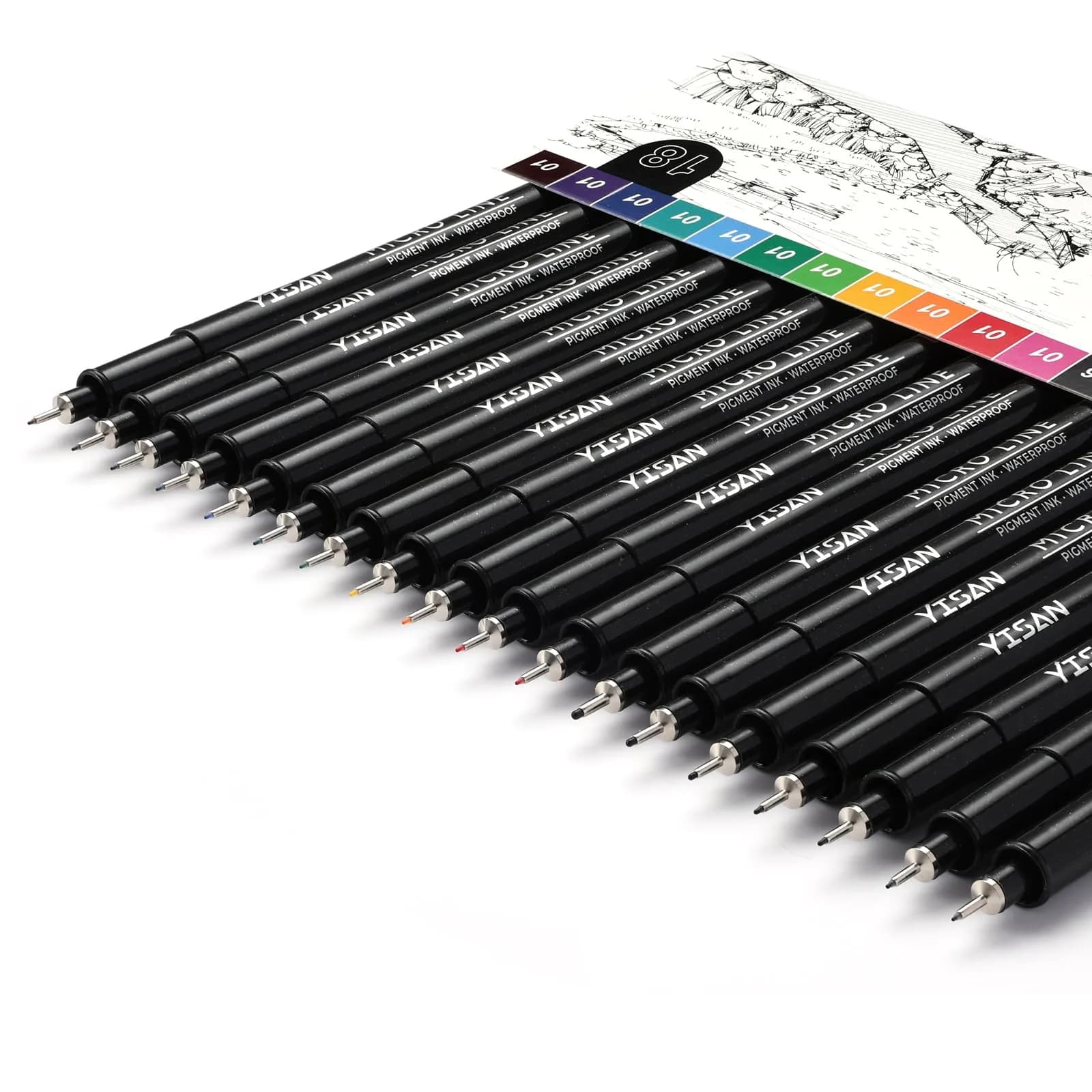 YISAN Black Drawing Art Markers Micro Fineliner Manga Pens 16 Count (Pack of 16) | Alcohol-Based Ink for Sketching & Technical Drawing — Multicolor