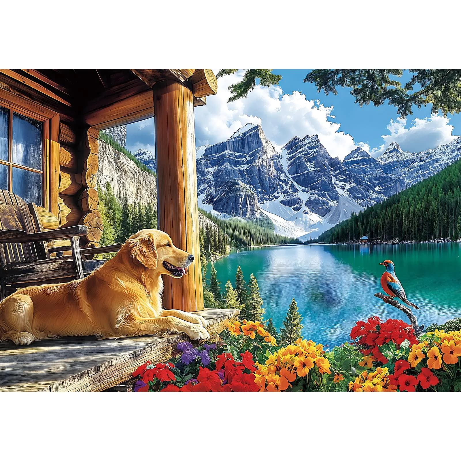 MAXZN 2000 Piece Puzzle for Adults | Serene Mountain Cabin with Golden Retriever, Wildflowers & Lakeside Landscape, 39" x 28" - main product image