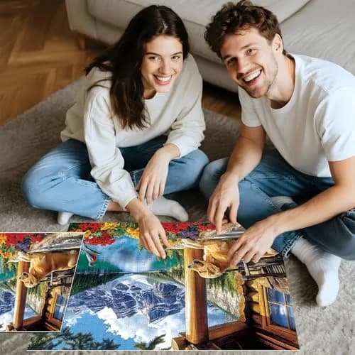 MAXZN 2000 Piece Puzzle for Adults | Serene Mountain Cabin with Golden Retriever, Wildflowers & Lakeside Landscape, 39" x 28" thumbnail 4