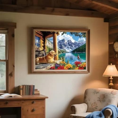 MAXZN 2000 Piece Puzzle for Adults | Serene Mountain Cabin with Golden Retriever, Wildflowers & Lakeside Landscape, 39" x 28" thumbnail 5