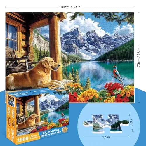 MAXZN 2000 Piece Puzzle for Adults | Serene Mountain Cabin with Golden Retriever, Wildflowers & Lakeside Landscape, 39" x 28" thumbnail 2