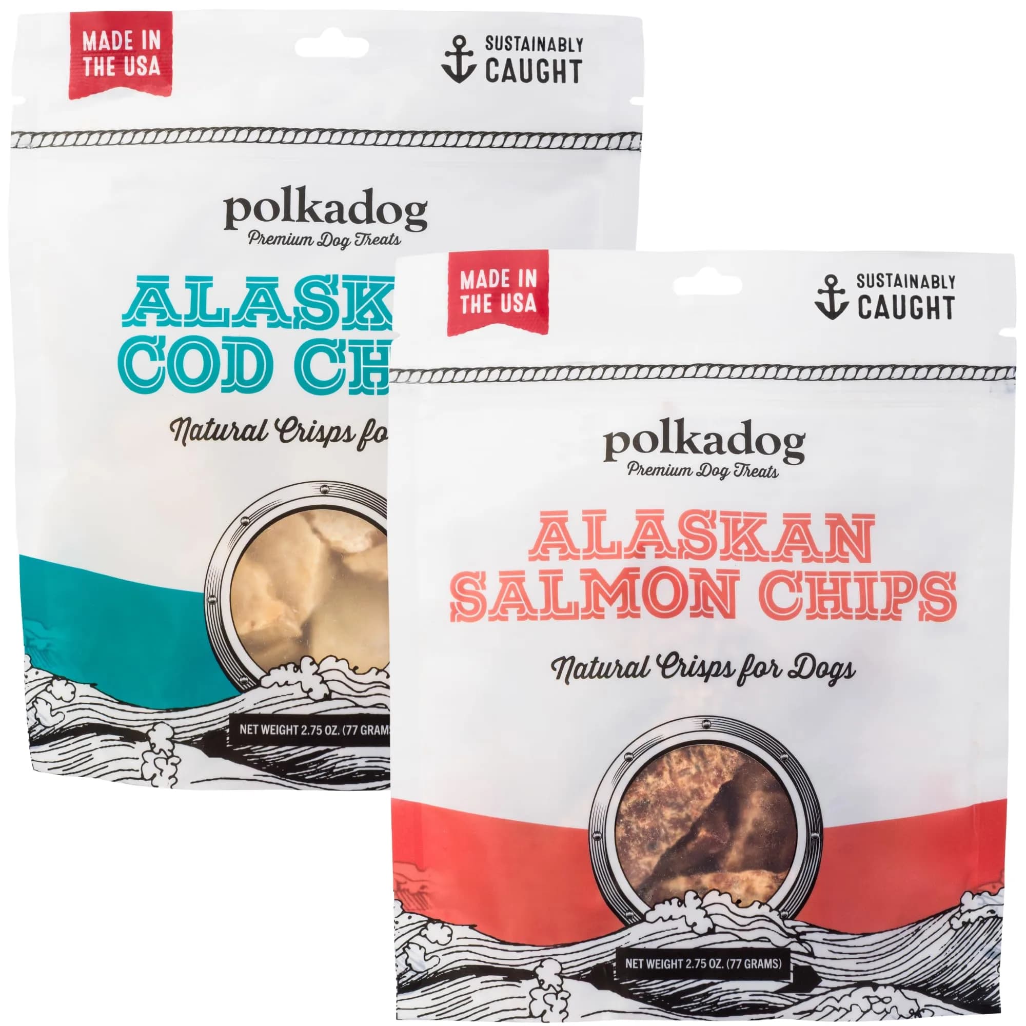 Polkadog Crunchy Alaskan Cod & Salmon Chip Dog Treats | Wild-Caught, Single-Ingredient, USA Made, 2.75oz (Variety 2Pk)