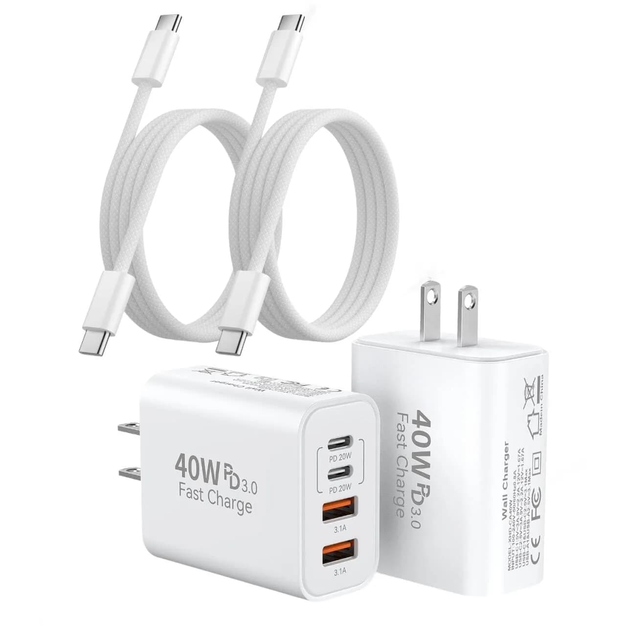 Dazana USB C to C Woven Cable & 40W Multiport Fast Charger for iPhone 17/16/15 Max | 3FT Braided Data & Power Cord