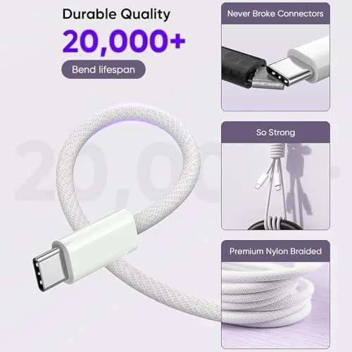 Dazana USB C to C Woven Cable & 40W Multiport Fast Charger for iPhone 17/16/15 Max | 3FT Braided Data & Power Cord thumbnail 5