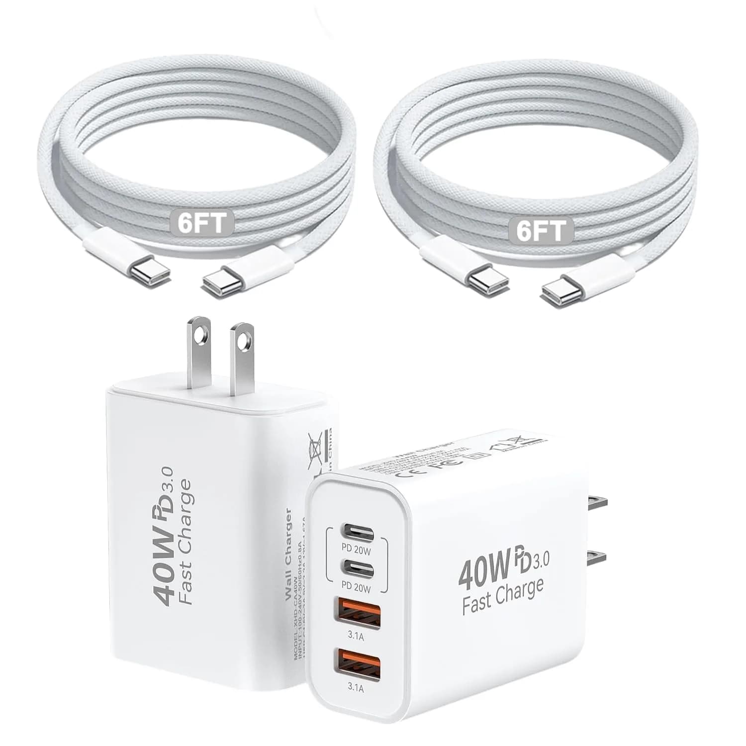 Dazana 40W MultiPort USB C Charger & 6FT Braided Cable | Fast Charging for iPhone & iPad — White