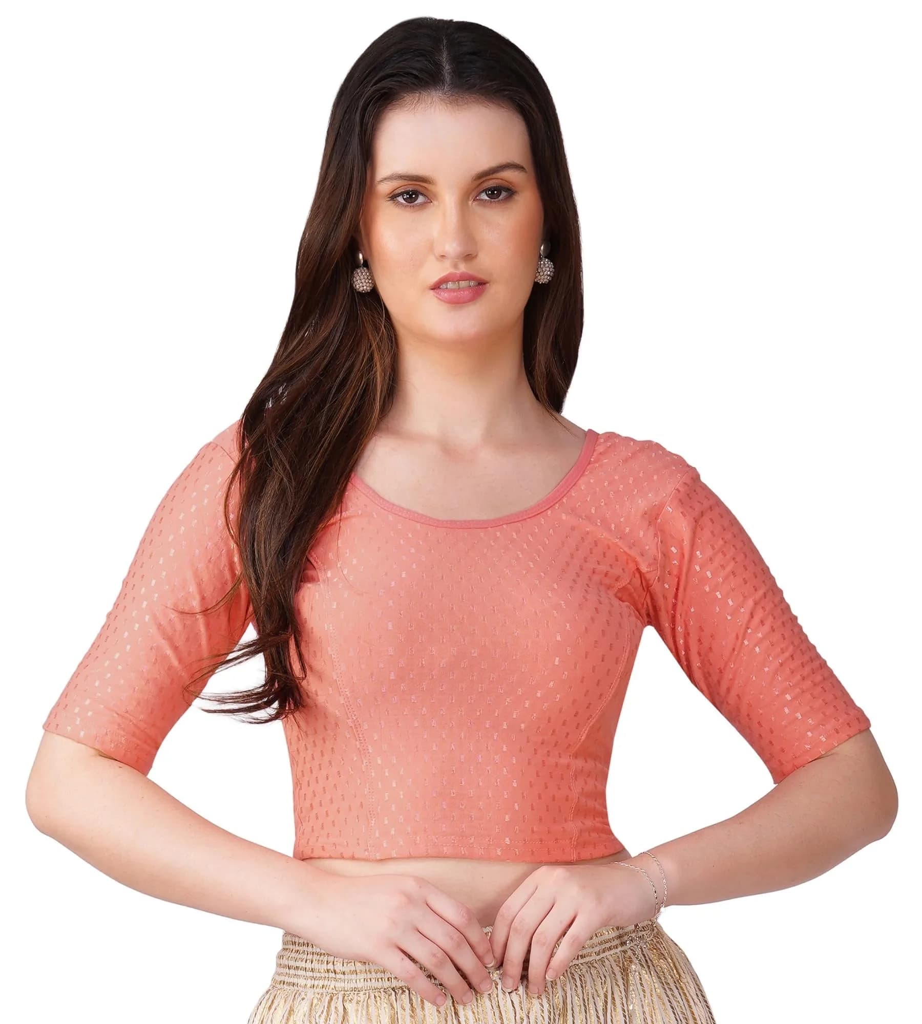 Fressia Fabrics Round Neck Pure Dobby Cotton Stretchable Elbow Sleeve Readymade Saree Blouse for Women Stylish XXL (208 Peach) | 110g Lightweight Fabric — Peach