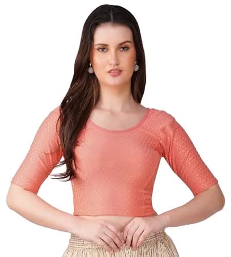 Fressia Fabrics Round Neck Pure Dobby Cotton Stretchable Elbow Sleeve Readymade Saree Blouse for Women Stylish XXL (208 Peach) | 110g Lightweight Fabric thumbnail 1