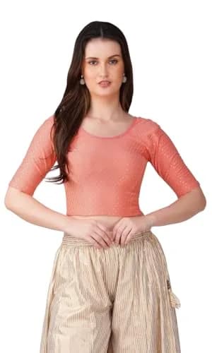Fressia Fabrics Round Neck Pure Dobby Cotton Stretchable Elbow Sleeve Readymade Saree Blouse for Women Stylish XXL (208 Peach) | 110g Lightweight Fabric thumbnail 4