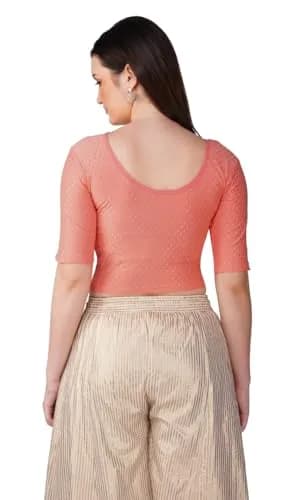 Fressia Fabrics Round Neck Pure Dobby Cotton Stretchable Elbow Sleeve Readymade Saree Blouse for Women Stylish XXL (208 Peach) | 110g Lightweight Fabric thumbnail 5