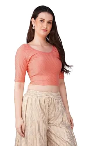 Fressia Fabrics Round Neck Pure Dobby Cotton Stretchable Elbow Sleeve Readymade Saree Blouse for Women Stylish XXL (208 Peach) | 110g Lightweight Fabric thumbnail 6