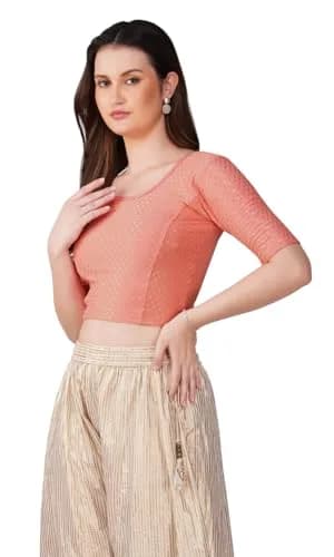 Fressia Fabrics Round Neck Pure Dobby Cotton Stretchable Elbow Sleeve Readymade Saree Blouse for Women Stylish XXL (208 Peach) | 110g Lightweight Fabric thumbnail 9