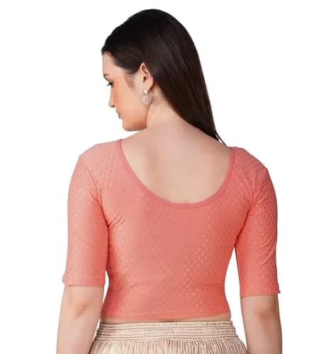 Fressia Fabrics Round Neck Pure Dobby Cotton Stretchable Elbow Sleeve Readymade Saree Blouse for Women Stylish XXL (208 Peach) | 110g Lightweight Fabric thumbnail 2