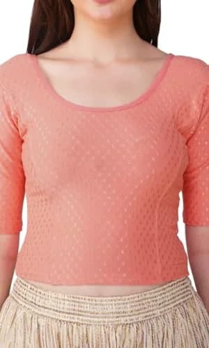 Fressia Fabrics Round Neck Pure Dobby Cotton Stretchable Elbow Sleeve Readymade Saree Blouse for Women Stylish XXL (208 Peach) | 110g Lightweight Fabric thumbnail 3