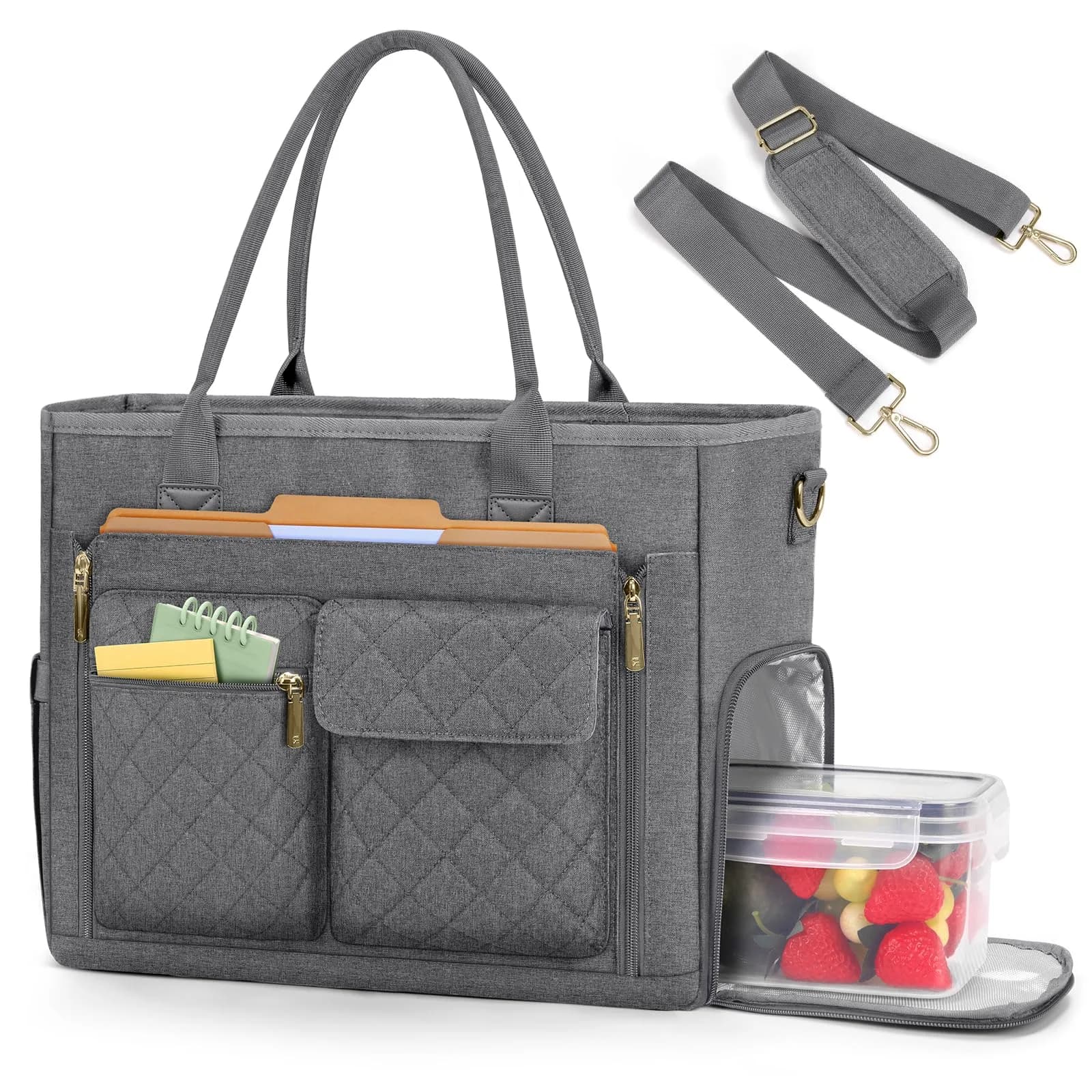 RAINSMORE Teacher Tote Bag with Lunch Compartment for Women | 15.6 inch Laptop & Insulated Side Pockets