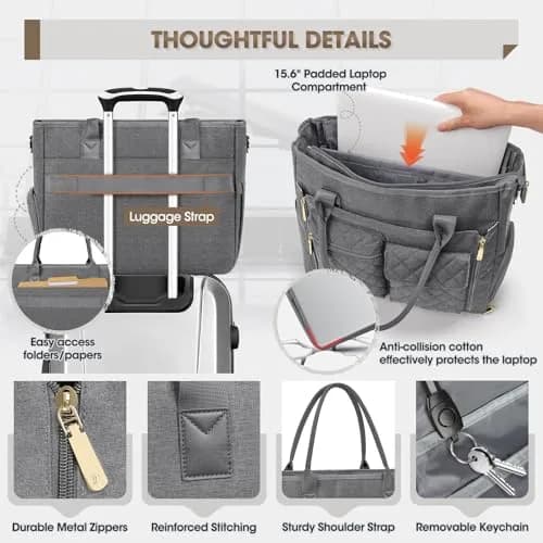 RAINSMORE Teacher Tote Bag with Lunch Compartment for Women | 15.6 inch Laptop & Insulated Side Pockets thumbnail 7