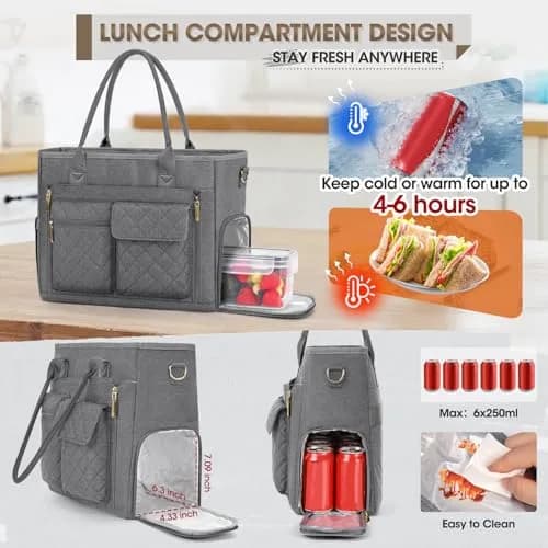 RAINSMORE Teacher Tote Bag with Lunch Compartment for Women | 15.6 inch Laptop & Insulated Side Pockets thumbnail 3