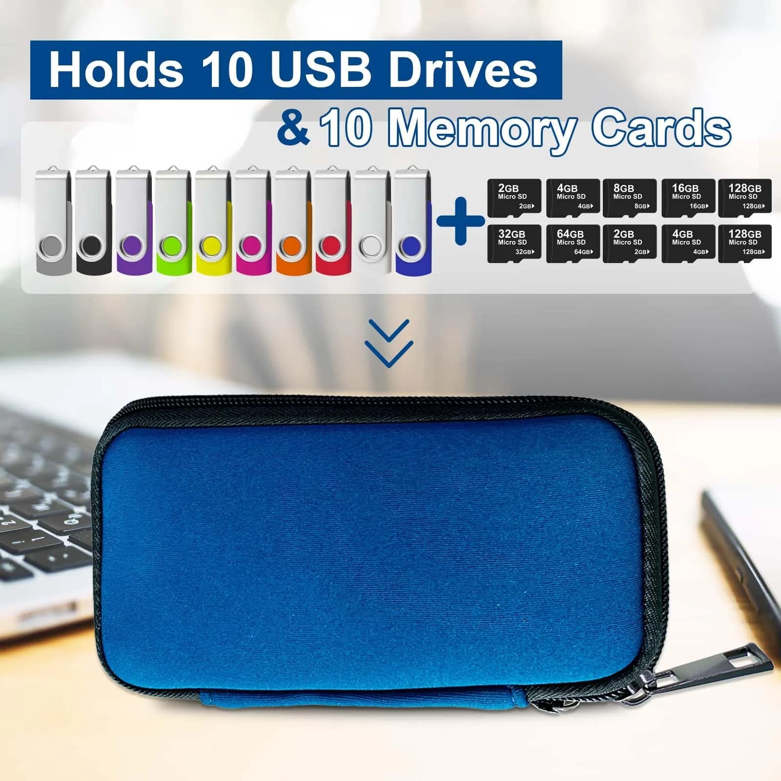 JBOS USB Flash Drive Case with 10 USB Drive Slots and 10 Memory Card Slots Storage Organizer Case Holder | Blue Neoprene - view 3