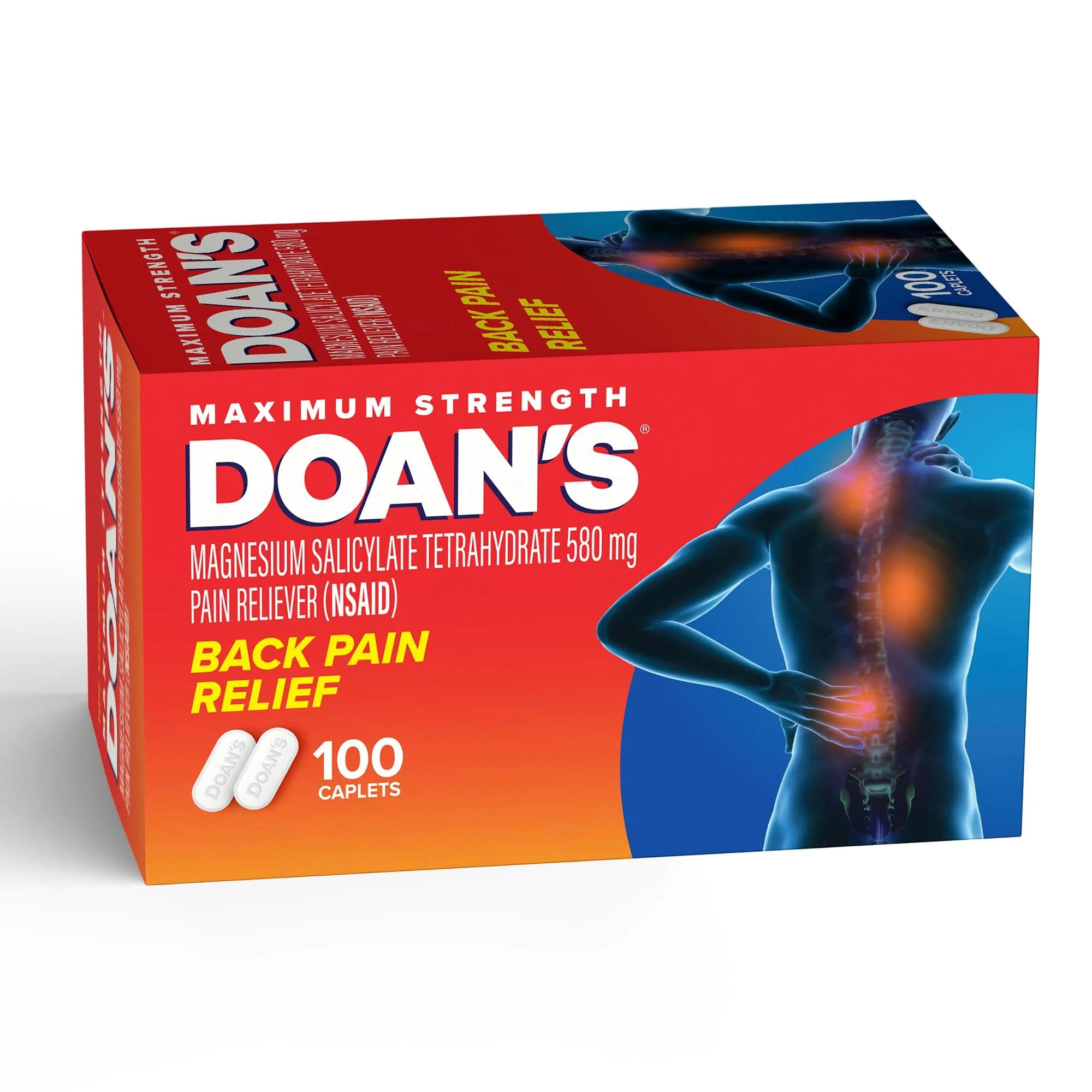 Doans Back Pain Relief Caplets, 580 mg Magnesium Salicylate, 100 Ct | Fast-Acting OTC Pain Relief for Back & Muscle — White