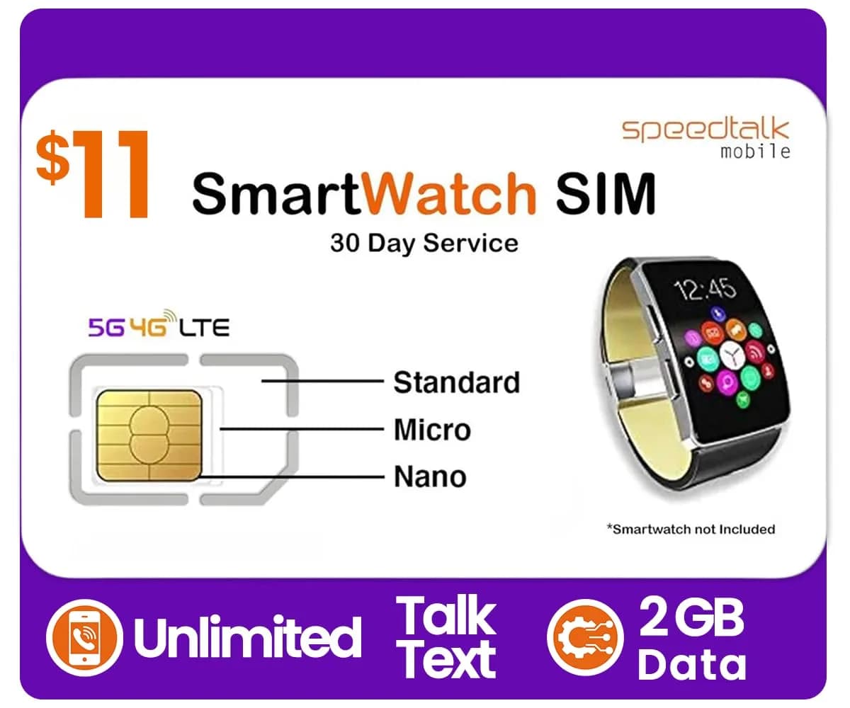SpeedTalk Mobile Smartwatch SIM Card Kit 5G 4G LTE Wearables | Unlimited Talk Text 2GB Data | 3-in-1 Triple-Cut SIM | Prepaid Plan - main product image