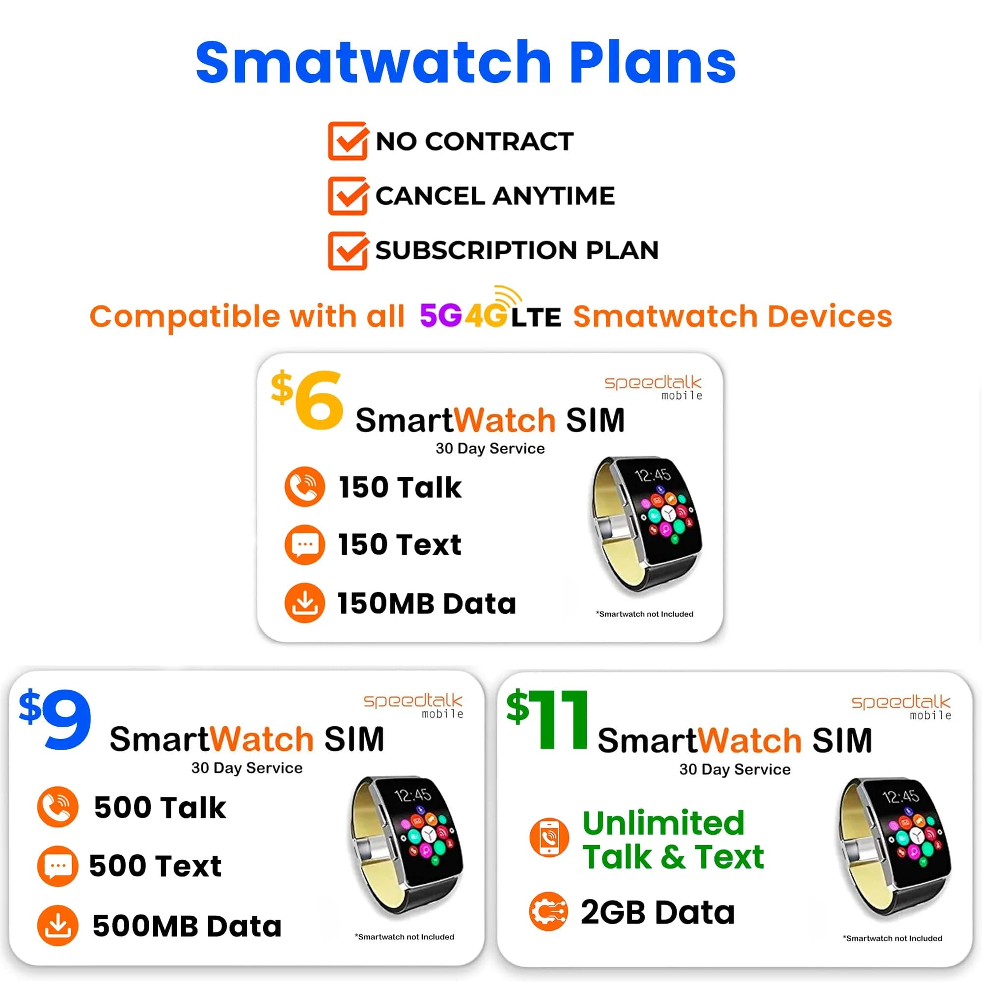 SpeedTalk Mobile Smartwatch SIM Card Kit 5G 4G LTE Wearables | Unlimited Talk Text 2GB Data | 3-in-1 Triple-Cut SIM | Prepaid Plan - view 5