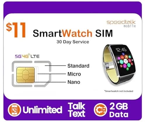 SpeedTalk Mobile Smartwatch SIM Card Kit 5G 4G LTE Wearables | Unlimited Talk Text 2GB Data | 3-in-1 Triple-Cut SIM | Prepaid Plan thumbnail 1
