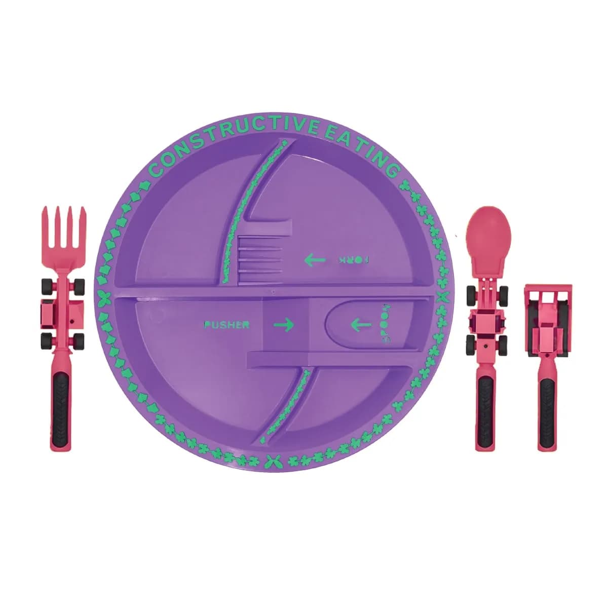 Constructive Eating Toddler Plate and Utensils Set - Pink, USA-Made with Divided Plates for Little Builders - main product image